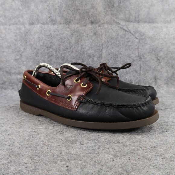 Sperry Boat Shoe Mens 8 Moc Loafer 2 Eye Leather Black Brown Classic Preppy Wide - Picture 1 of 13